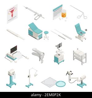 Équipement et instruments de gynécologie icônes isométriques ensemble isolé sur blanc illustration vectorielle 3d d'arrière-plan Illustration de Vecteur