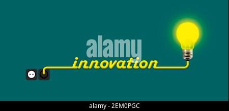 Innovation et créativité Light bulbe concept. Ampoule jaune et plugin créatif sur fond bleu foncé. Concept créatif idée de l'innovation Banque D'Images