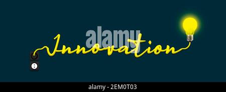 Innovation et créativité Light bulbe concept. Ampoule jaune et plugin créatif sur fond bleu foncé. Idée de concept créatif Banque D'Images