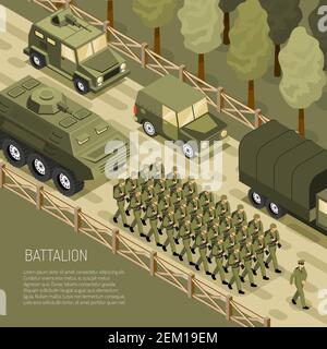 Composition des véhicules militaires avec texte modifiable et affichage du bataillon de l'armée avec les unités de transport sur l'illustration du vecteur de route de campagne Illustration de Vecteur