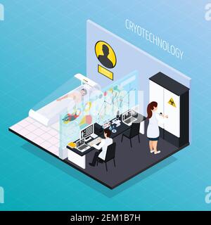 Cryonics cryogénie transplantation composition isométrique avec caractères humains futuristes de laboratoire de scientifiques et de patients dans la chambre de glace vecteur Illustration de Vecteur
