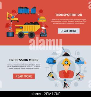 Banderoles horizontales colorées pour l'exploitation minière avec transport du charbon et outils d'illustration vectorielle isolée plate de mineur professionnel Illustration de Vecteur