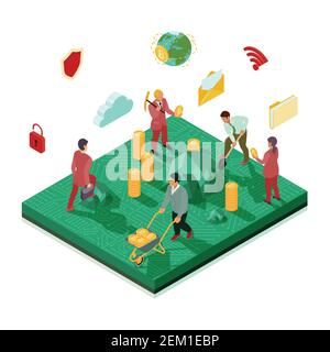 Personnages humains lors de l'exploration de crypto-monnaie sur une plate-forme de circuit intégré, technologies informatiques icônes illustration vectorielle isométrique Illustration de Vecteur