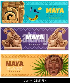Bannières horizontales de la civilisation maya avec des symboles de la culture maya traditionnelle histoire et religion illustration vectorielle isolée Illustration de Vecteur