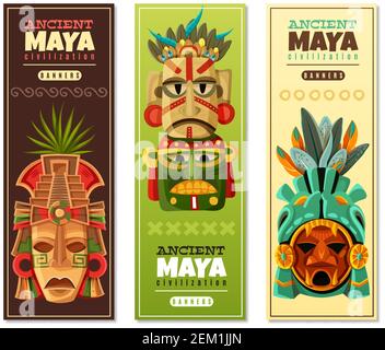Bannières verticales de la civilisation maya antique avec masque maya comme objets religieux imagerie dieux mayas illustration vectorielle isolée Illustration de Vecteur