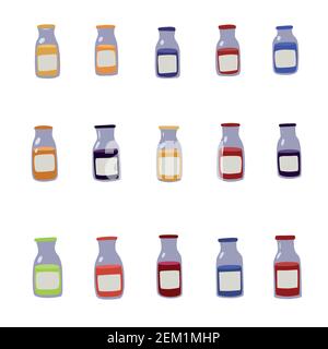 Grand ensemble de mignons bouteilles de jus de fruits. Illustration de Vecteur