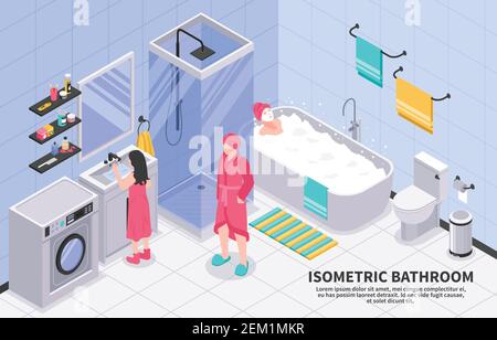 Salle de bains familiale avec cabine de douche, machine à laver, composition isométrique avec illustration vectorielle de dents de brossage de bain Illustration de Vecteur