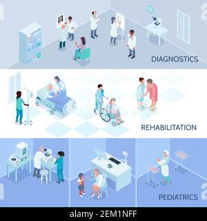 Bannières horizontales pour le personnel hospitalier avec compositions isométriques pour diagnostic de réadaptation pédiatrique illustration vectorielle Illustration de Vecteur