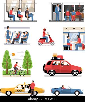 Véhicules de transport avec passagers conducteurs cycliste compositions plates avec personnes dans l'illustration de vecteur de voiture d'avion de train-bus Illustration de Vecteur
