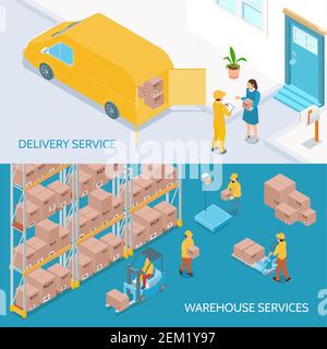 Bannières isométriques horizontales avec activité logistique, y compris l'entrepôt avec le personnel et illustration vectorielle isolée des services de livraison Illustration de Vecteur