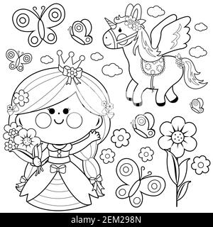 Belle princesse de conte de fées avec des fleurs de printemps, licorne et papillons. Ensemble princesse mignonne de conte de fées pour enfants. Coloriage noir et blanc Banque D'Images