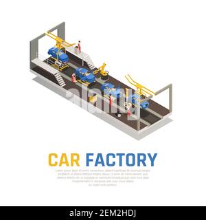 Composition isométrique d'usine automobile, chaîne de montage avec équipement robotique et travailleurs pour l'illustration de vecteur de processus de contrôle Illustration de Vecteur