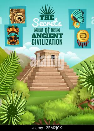 Affiche de dessin animé Maya avec des éléments de la culture aztèque antique et image de la pyramide chichen itza sur l'illustration du vecteur d'arrière-plan de la nature du mexique Illustration de Vecteur
