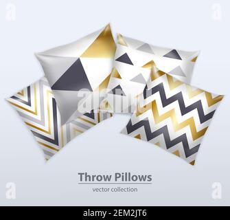 Coussins décoratifs intérieurs coussins coussins coussins coussins de satin couvre des motifs de design réalistes composition fond gris publicité poster illustration vectorielle Illustration de Vecteur