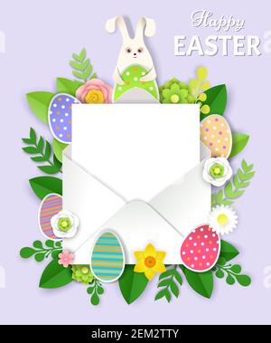 Mignon lapin, oeufs de Pâques, fleurs et enveloppe, illustration vectorielle dans le style de l'art papier. Affiche carte de vœux joyeuses Pâques Illustration de Vecteur