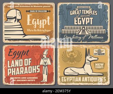 Voyages en Egypte ancienne et visites des monuments du Caire affiches rétro millésimes. Vecteur Égypte ancienne pyramides pharaoh, Sphinx et temples de dieu égyptien SIG Illustration de Vecteur
