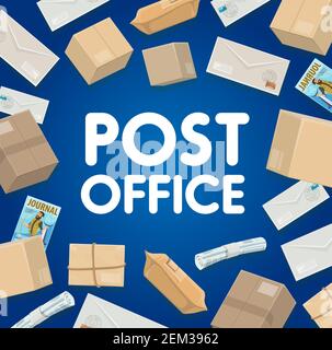 Livraison du courrier, logistique du bureau de poste et expédition. Service de messagerie Vector dans des enveloppes de correspondance avec timbres-poste, boîtes à colis Illustration de Vecteur