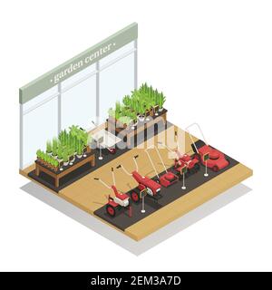 Centre de jardin jeunes plantes et équipement agricole vente composition isométrique avec tondeuses à gazon et illustration vectorielle de brouette Illustration de Vecteur