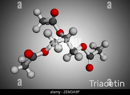 Triacétine, molécule de triacétate de glycérine. Il s'agit de triglycéride, triester de glycérol, additif alimentaire avec E numéro E1518. Modèle moléculaire. Rendu 3D Banque D'Images