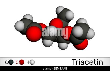 Triacétine, molécule de triacétate de glycérine. Il s'agit de triglycéride, triester de glycérol, additif alimentaire avec E numéro E1518. Modèle moléculaire. Rendu 3D Banque D'Images