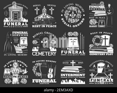 Funérailles, inhumation et internement, icônes monochromes isolées. Cérémonie de sépulture vectorielle, repos en paix, cimetière, urnes de rémation et columbariu Illustration de Vecteur