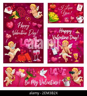 Saint-Valentin cupidés, lettrage. Symboles vectoriels d'amour, ange cupid, bouquets de fleurs de luxe et ballons d'air. Colombes et boîte ouverte avec coeurs, vin g Illustration de Vecteur