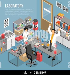 Expérience en laboratoire scientifique isométrique avec texte modifiable et laboratoire de recherche intérieur avec mobilier et illustration vectorielle des personnages humains Illustration de Vecteur