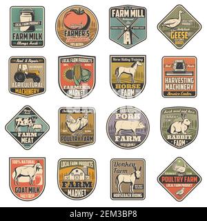 Les icônes des fermes de bétail et de volaille, de production alimentaire et de viande. Production laitière de vache Vector, moulin à blé et grange, tracteur de récolte de légumes de l'agriculteur, Illustration de Vecteur