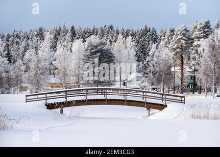 Pont d'arche en bois sur un magnifique paysage d'hiver, arbres couverts de neige et de gel. Banque D'Images