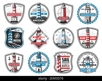 Phare, balise marine, icônes héraldiques d'ancre et de barre de navire. Tour de phare nautique Vector, aventure maritime à la voile, boussole et chaîne de navires b Illustration de Vecteur
