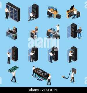 Ingénieur en technologie de l'information et administrateurs système personnes au travail isométriques icônes définies isolées sur l'illustration vectorielle 3d d'arrière-plan bleu Illustration de Vecteur