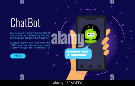 Concept de conversation de boutique en ligne avec chatbot. Page d'accueil.main tenant un téléphone portable sur fond sombre. Illustration vectorielle, style plat. Technique Illustration de Vecteur