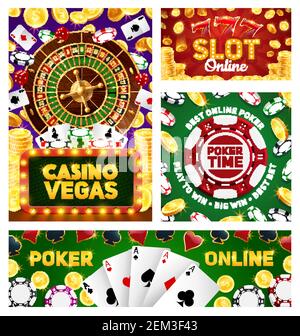Casino poker jeu de pari, roue de la roulette de fortune et machine à sous jackpot grand gain. Vecteur en ligne casino jackpot pièces d'or, chanceux sept, jouer Illustration de Vecteur
