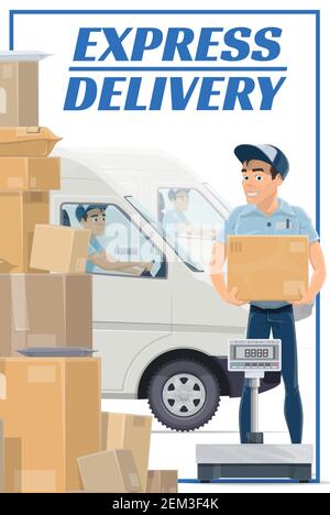 Livraison express du courrier, logistique d'affranchissement et service d'expédition de fret. Vector Mailman sur la livraison des boîtes de colis depuis le centre de tri des bureaux de poste, poste Illustration de Vecteur