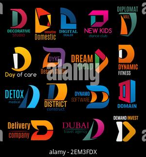 Identité de l'entreprise D icônes, marque et nom de l'entreprise. Studio de design décoratif, club de remise en forme dynamique ou gymnase et agence de voyage, logistique de livraison Illustration de Vecteur