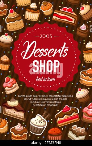 Affiche sur les gâteaux au chocolat, les bonbons de boulangerie et les bonbons de confiserie. Menu de la boulangerie Vector, pâtisseries, petits gâteaux, beignets et pâtisseries Illustration de Vecteur