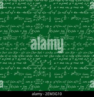 Equations de base avec des formules scientifiques de géométrie, de physique, de mathématiques et de trigonométrie. Tableau noir vert vectoriel avec lettrage de données, algorithmes et l Illustration de Vecteur