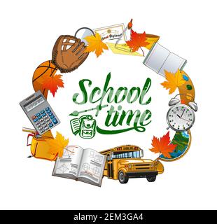 Inscription de retour à l'école grunge, cadre des articles d'étude. Bannière Vector 1er septembre, feuilles d'automne et séparateur de compas, livre ouvert. Horloge et peinture Illustration de Vecteur