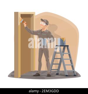 Peintre homme avec peinture peinture peinture maison mur et porte. Décoration intérieure et service de rénovation de la maison Vector, homme de main en uniforme et verre protecteur Illustration de Vecteur