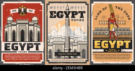 Voyages en Egypte ancienne et visites touristiques visites guidées rétro affiches vintage. Vecteur ville ancienne Égypte et tourisme culturel, pyramides de Gizeh pharaoh Illustration de Vecteur