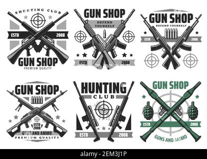 Boutique d'armes à feu et munitions de chasse, icônes de vecteur de magasin d'équipement. Munitions militaires, fusils et fusils de chasse, revolvers, buts et cibles. Auto-protection et de Illustration de Vecteur