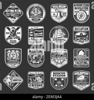 Badges nautiques avec ancres de navires de mer vectoriels, voiliers et cordes marines, gouvernail, compas de navigation et phare, chapeau de capitaine, cloche et plongeur Illustration de Vecteur