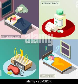 Troubles du sommeil, remède médical, objets pour un bon repos de nuit, rêve sain Isométrique concept illustration vectorielle isolée Illustration de Vecteur