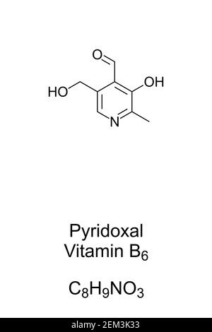 Pyridoxal, vitamine B6, formule chimique et structure squelettique. Une forme de vitamine B6, également connue sous le nom de pyridoxaldéhyde. Banque D'Images