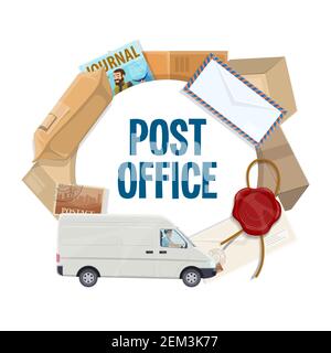 Icône de vecteur de bureau de poste avec camion de livraison de courrier, colis postaux, boîtes et colis, lettres, timbres-poste et cachet de cire, enveloppes et correspondant Illustration de Vecteur