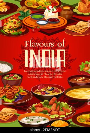 Cuisine indienne, menu de restaurant et cuisine indienne authentique couverture du livre de recettes. Repas traditionnels indiens vectoriels, légumes au curry en masala s. Illustration de Vecteur