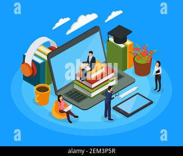 E-learning composition isométrique avec livres audio, personnages humains avec appareils mobiles sur fond bleu illustration vectorielle Illustration de Vecteur