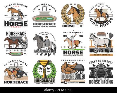 Les symboles vectoriels de cheval et de jockey des badges de sport équestre sont conçus. Chevaux de course pur-sang, cavaliers de club d'équitation et maillet de polo, hippodrome, trophée, equ Illustration de Vecteur