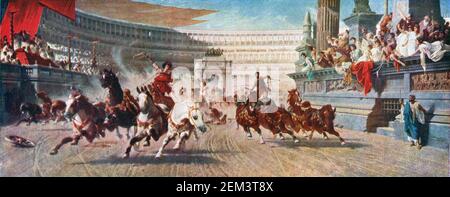 Une illustration intitulée course de chars romains au Cirque Maximus montrant une course de chars avec quadriga ou quatre chars à cheval Dans un stade ou un cirque romain daté de 1882 et peint Par Alexander von Wagner