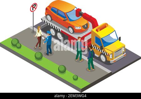 Parking Isométrique coloré avec les employés à emporter la voiture l'aire de stationnement en raison d'un schéma de stationnement incorrect Illustration de Vecteur